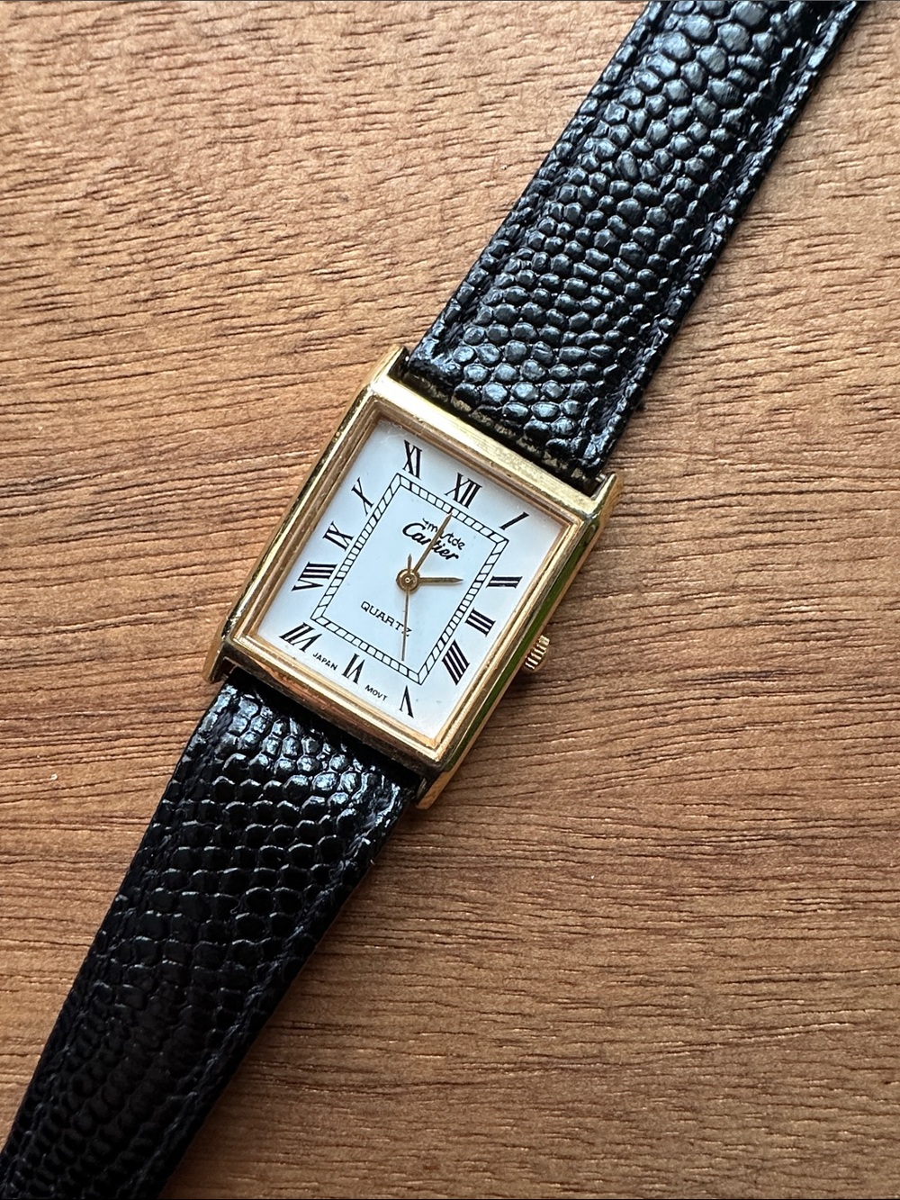 Cartier Style Gold-Tone Rectangular Quartz Watch with Black Leather Strap